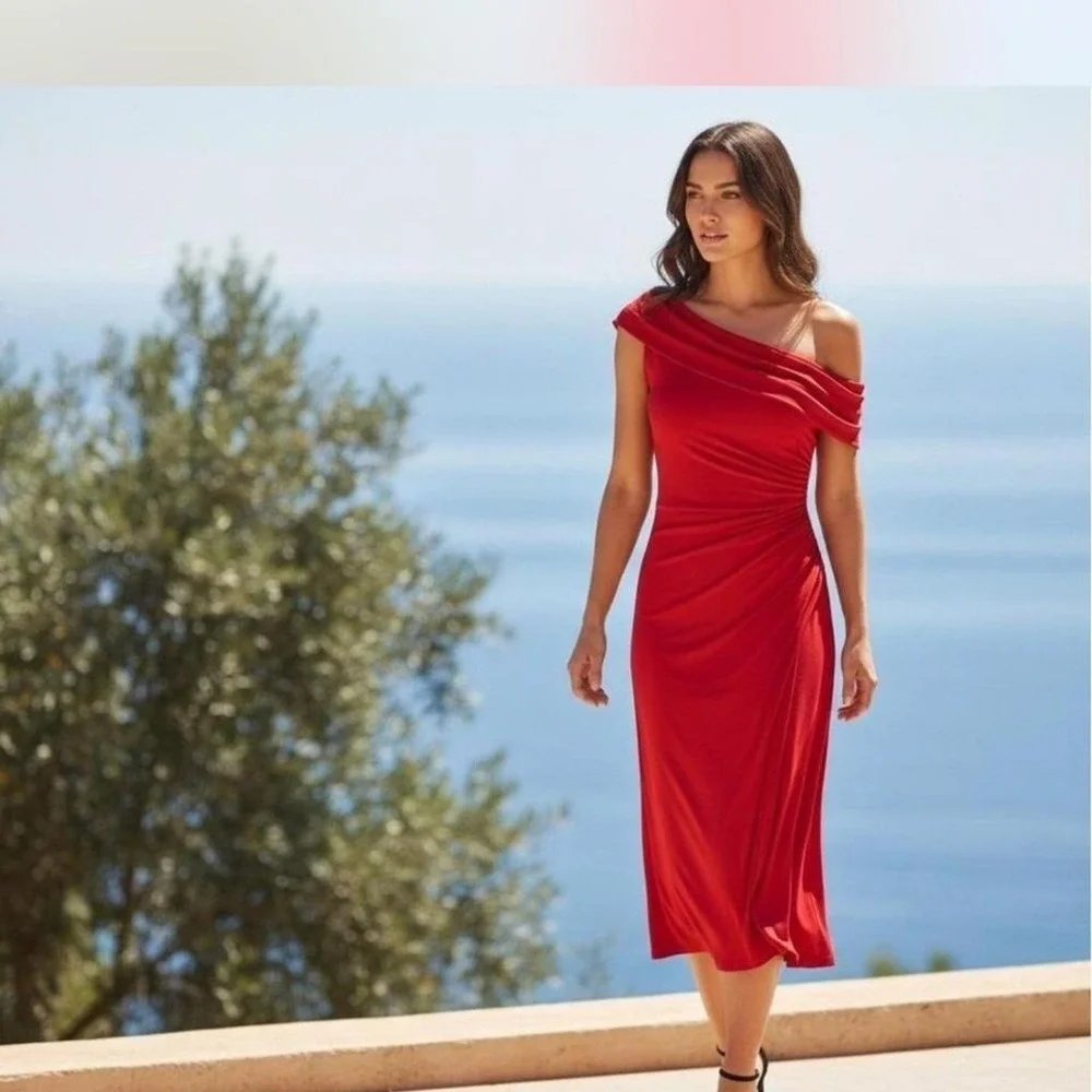 M1. Mac Duggal Red off the shoulder maxi dress - Picture 1 of 5